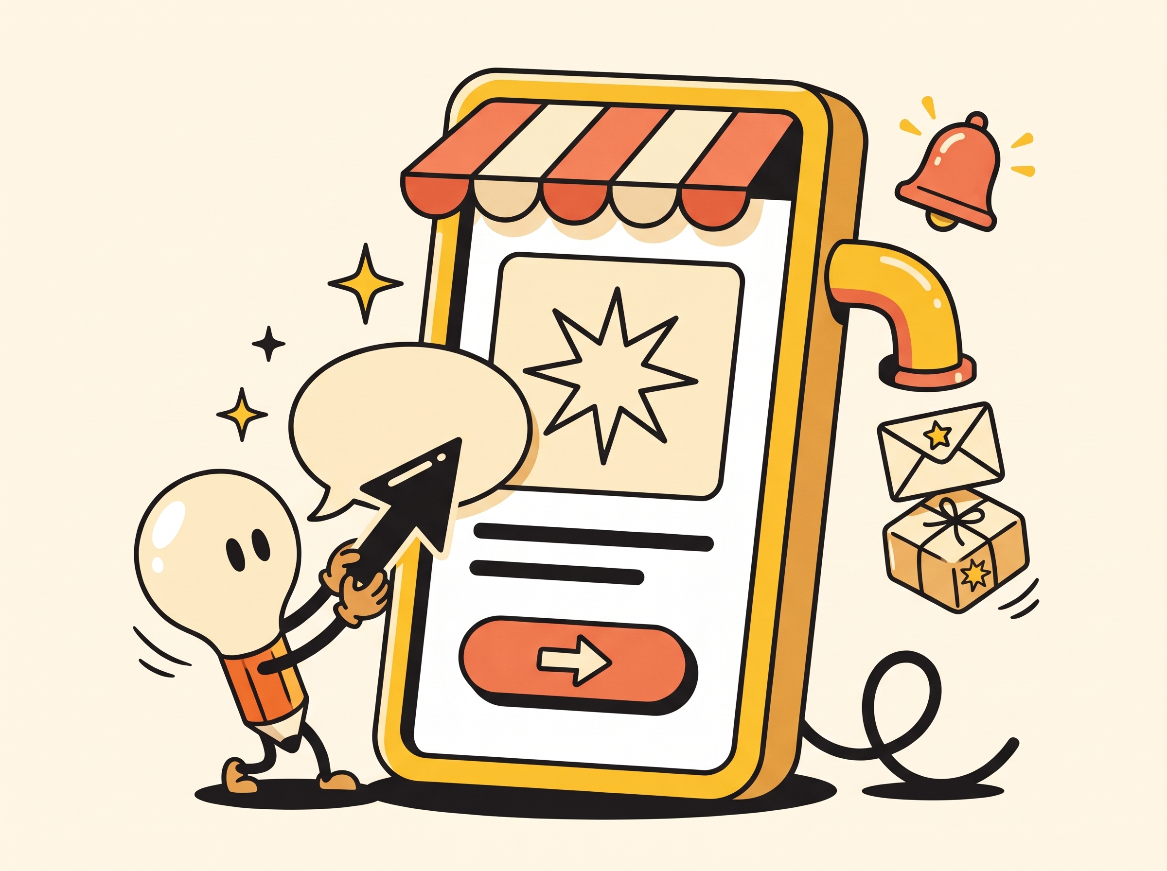 Una tienda dentro de un celular recibe mensajes y pedidos, acompañada por el personaje foco-lápiz.